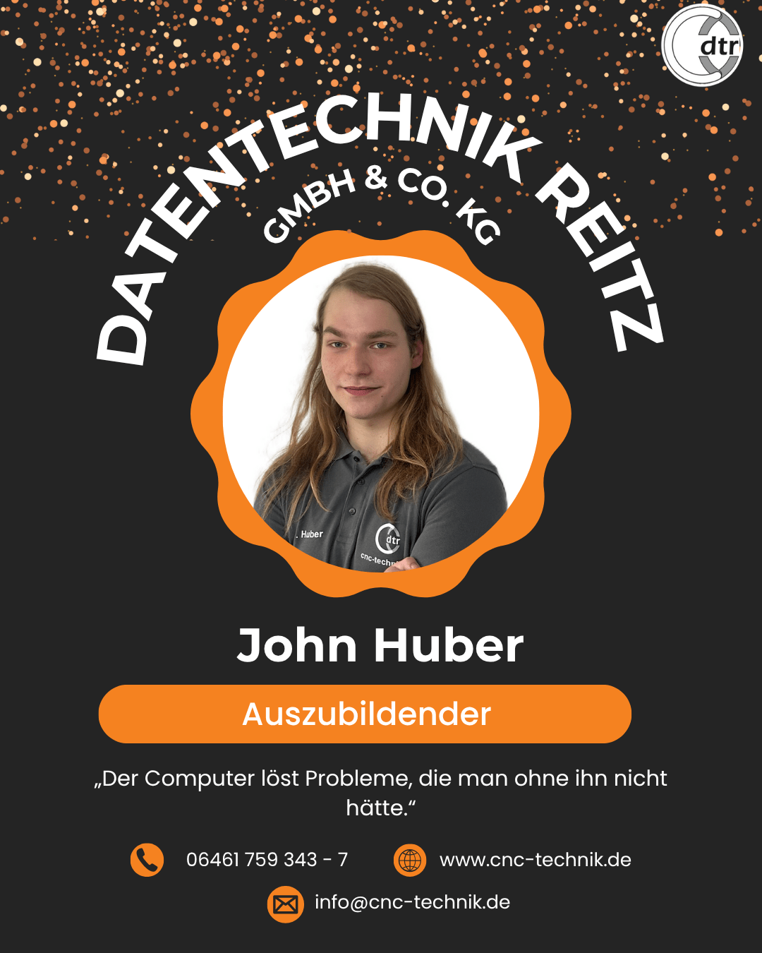 Auszubildender John Huber 1 John | CAD/CAM Programmiersoftware für CNC Maschinen und Industrieroboter