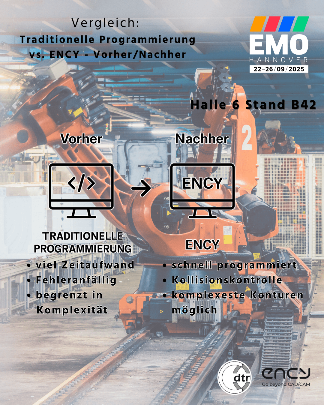 Vergleich: Traditionelle Programmierung vs. ENCY - Vorher / Nachher 1 Post 2 EMO 2025 | CAD/CAM Programmiersoftware für CNC Maschinen und Industrieroboter